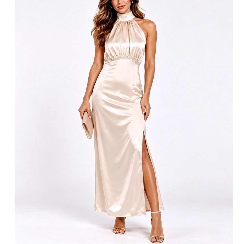 Express Champagne Satin Halter High Neck Maxi Dress XS NWT Formal Evening